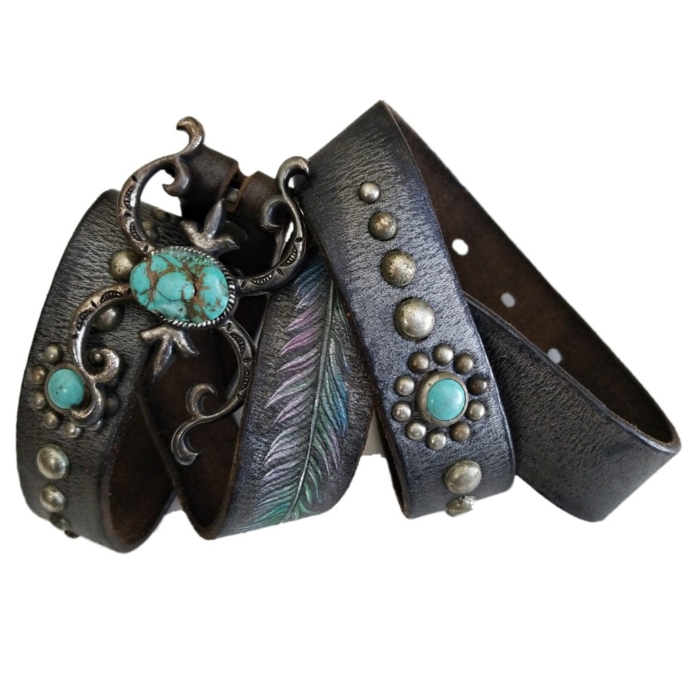 Painted Feather Leather Belt